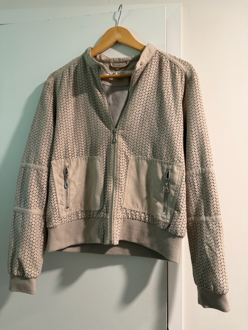 Kenneth Cole New York Beige Perforated Bomber Jacket
